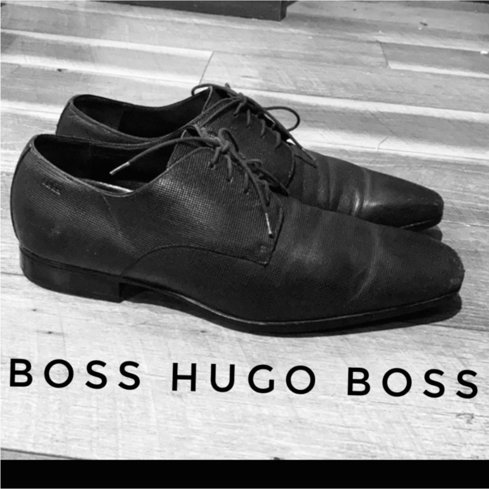 Authentic Boss Hugo Boss designer mens black leather lace up shoes sz 12 - Picture 1 of 15